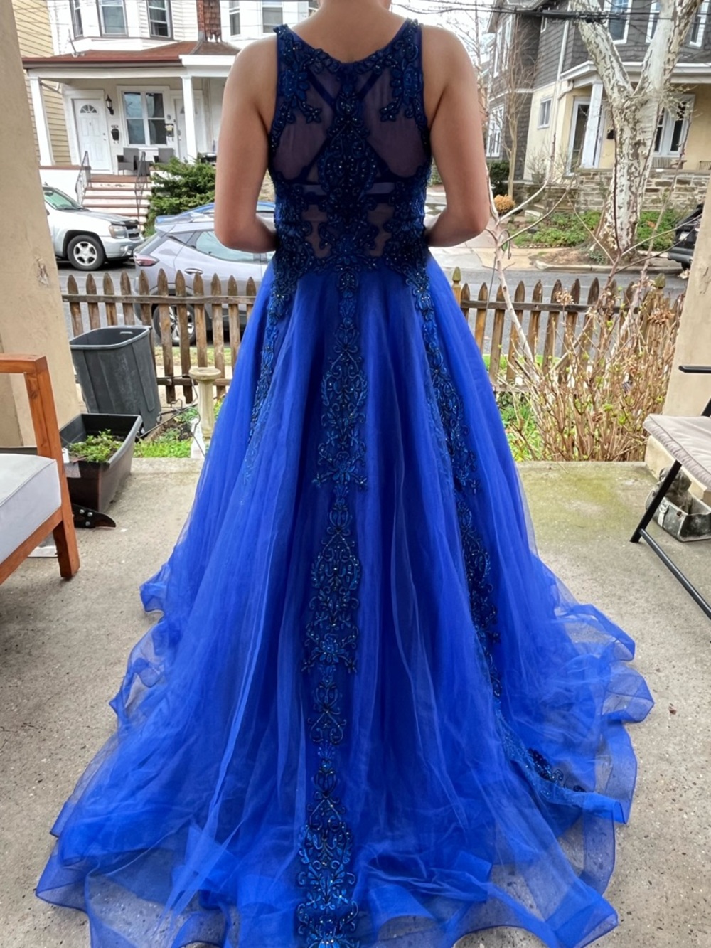 Royal Blue Beaded Tulle Ball Gown - Picture 6 of 11